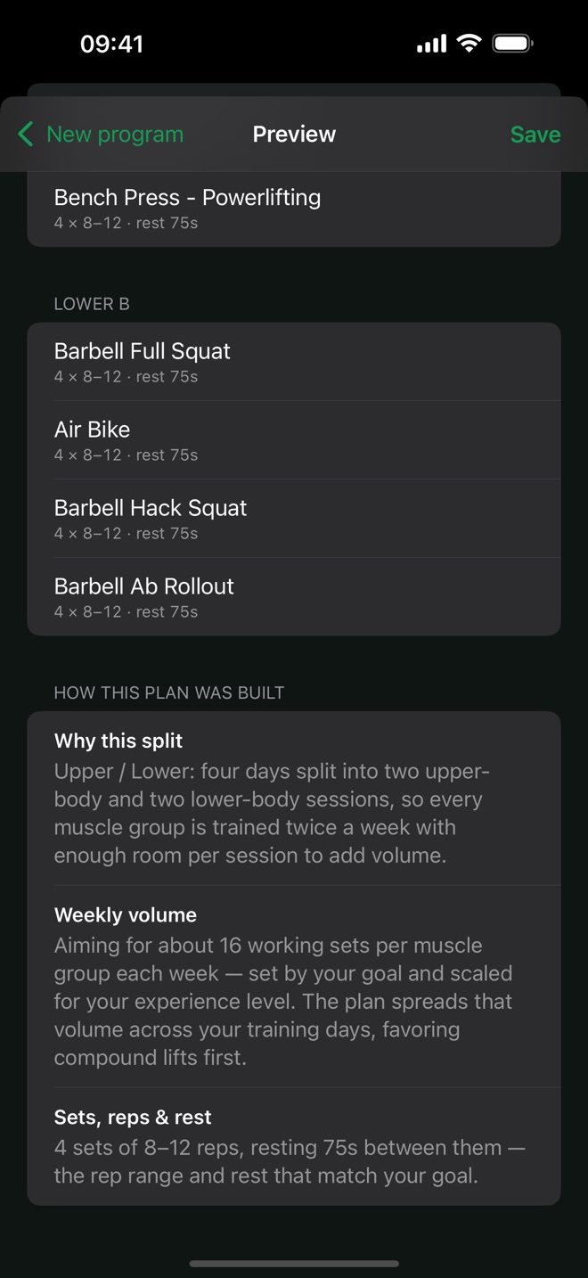 Generated plan preview explaining why this split, the weekly volume and the sets, reps and rest