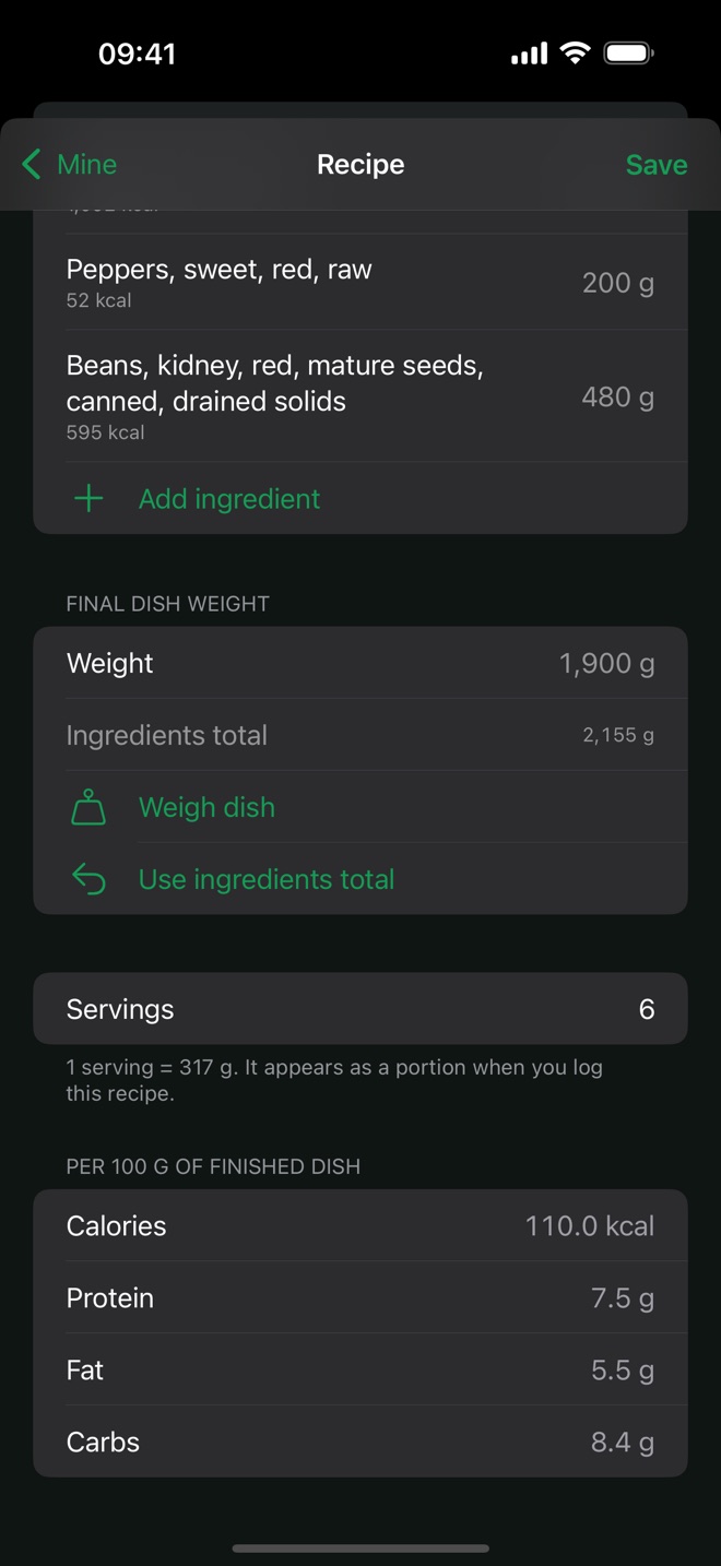Recipe editor: ingredient weights, a finished dish of 1,900 g, 6 servings and nutrition per 100 g of the cooked dish